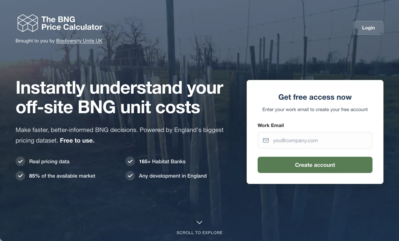 BNG Price Calculator public landing page, showing free access signup and headline pricing stats